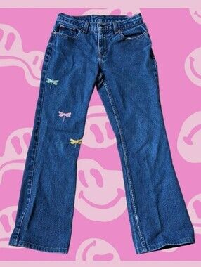 Y2K Jordache dragonfly applique flare jeans - mid wash - Size 5/6 long